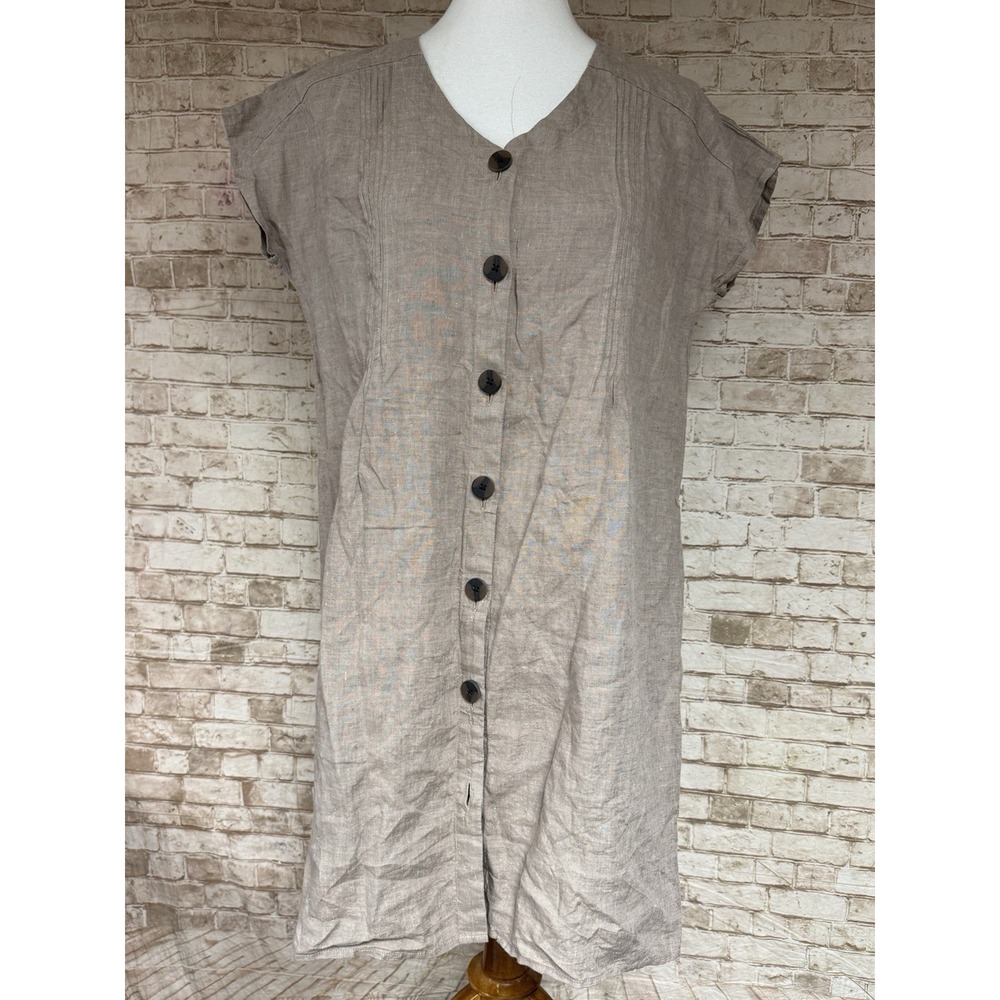 J.Jill Dress Womens S P Khaki 100% Linen Pin Tucked Button Sheath Short Sleeves
